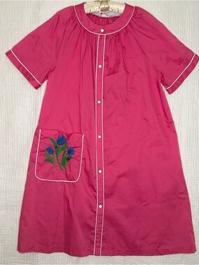 Vintage 60’s Smart Time Pink House Dress Grannycore Duster Mumu Robe-2X/48”USA